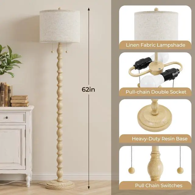 Alt view image 3 of 7 - Farmhouse Floor Lamps for Living Room, Standing Lamp with Bulb Resin, 62" Tall Lamp with Shade and 2 Pull Chain Switches, Vintage Floor Lamps for Bedroom, Corner, Home Decor
