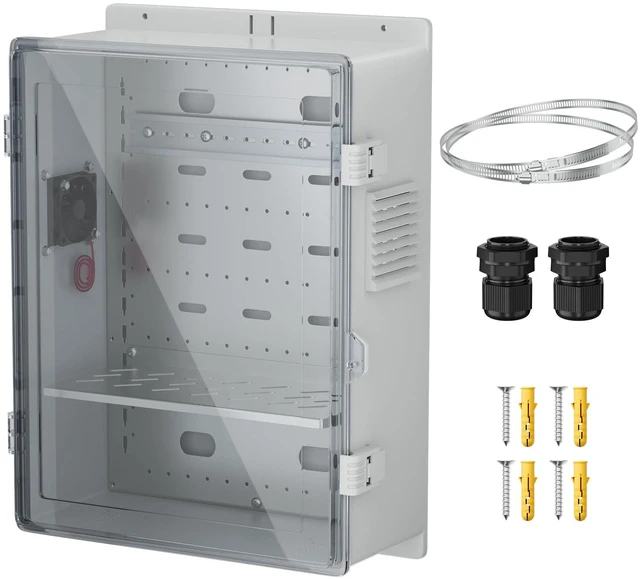 Main image of Outdoor Enclosure Box 18.1x12.6x6.4 White Waterproof ABS Weatherproof WiFi Enclosure with Transparent Cover, 12V Fan, DIN Rail & Wall/Pole Mounting