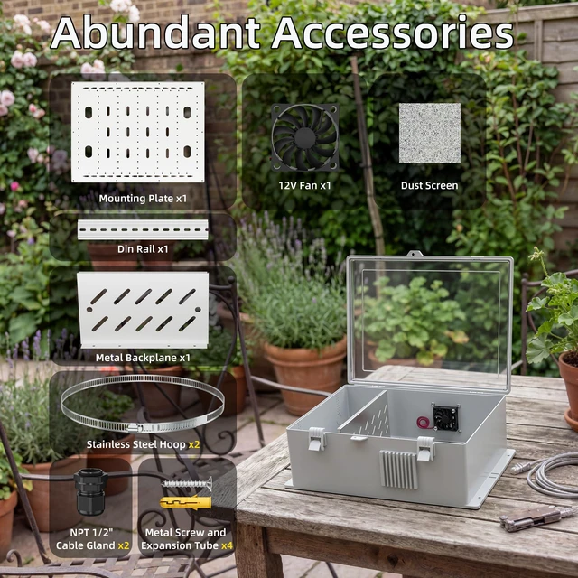 Alt view image 5 of 6 - Outdoor Enclosure Box 18.1x12.6x6.4 White Waterproof ABS Weatherproof WiFi Enclosure with Transparent Cover, 12V Fan, DIN Rail & Wall/Pole Mounting
