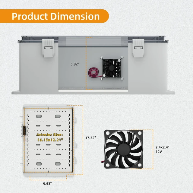 Alt view image 6 of 6 - Outdoor Enclosure Box 18.1x12.6x6.4 White Waterproof ABS Weatherproof WiFi Enclosure with Transparent Cover, 12V Fan, DIN Rail & Wall/Pole Mounting