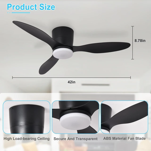 Alt view image 6 of 7 - Flush Mount Ceiling Fan: 42-Inch Black Ceiling Fans with Lights for Bedroom Indoor Outdoor - Low Profile Ceiling Fans with Remote Control 24W 3CCT Dimmable 3 Reversible Black Blades 6 Speeds