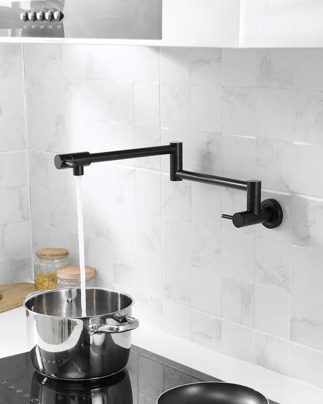 Alt view image 5 of 6 - Pot Filler Faucet Matte Black for Kitchen Over Stove 22.5 Inch Wall Mount Folding Stretchable Kitchen Stainless Steel Pot Filler Double Joint Swing Arm Two Handles NPT