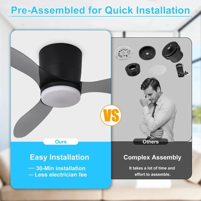 Alt view image 7 of 7 - Flush Mount Ceiling Fan: 42-Inch Black Ceiling Fans with Lights for Bedroom Indoor Outdoor - Low Profile Ceiling Fans with Remote Control 24W 3CCT Dimmable 3 Reversible Black Blades 6 Speeds