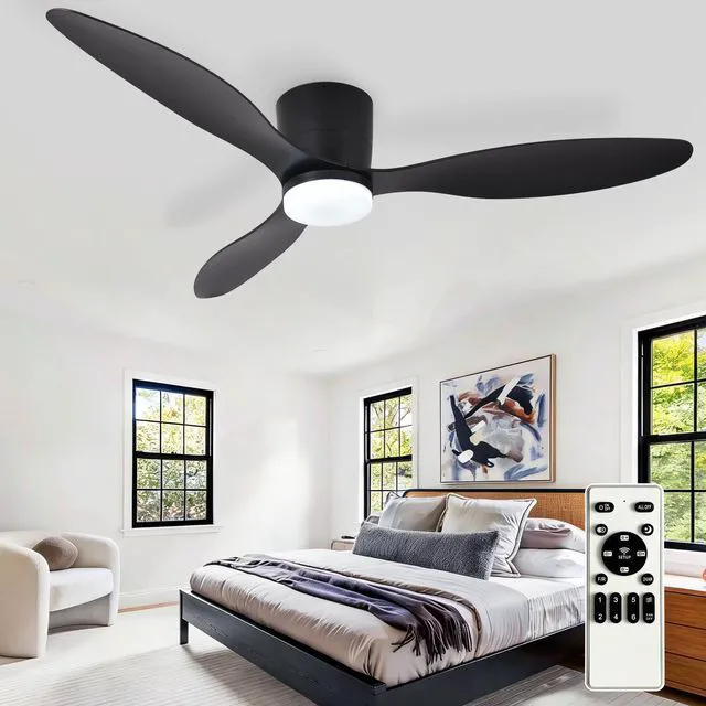 Main image of Flush Mount Ceiling Fan: 52-Inch Black Ceiling Fans with Lights for Bedroom Indoor Outdoor - Low Profile Ceiling Fans with Remote Control 24W 3CCT Dimmable 3 Reversible Black Blades 6 Speeds