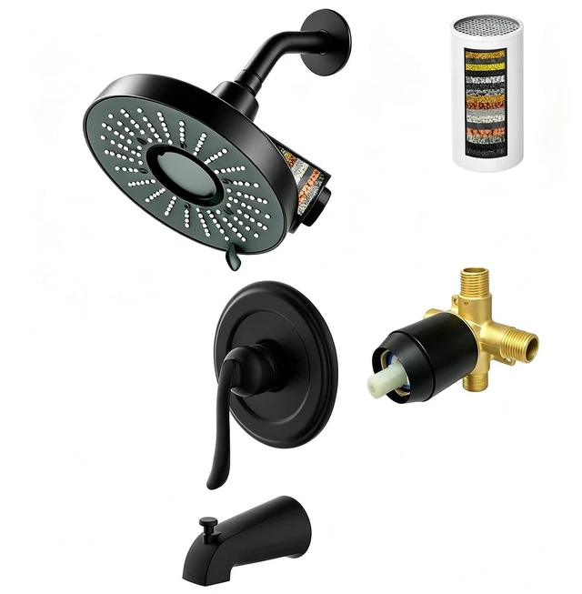 Main image of Tub Shower Faucet Set Valve Included with 6-Inch filter Rain Shower Head and Tub Spout Single-Handle Tub and Shower Trim Kit Matte Black