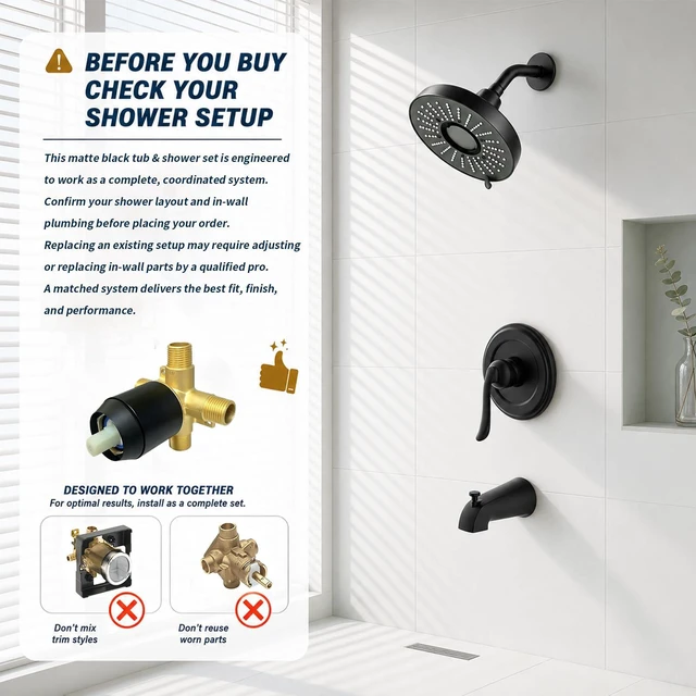 Alt view image 2 of 7 - Tub Shower Faucet Set Valve Included with 6-Inch filter Rain Shower Head and Tub Spout Single-Handle Tub and Shower Trim Kit Matte Black