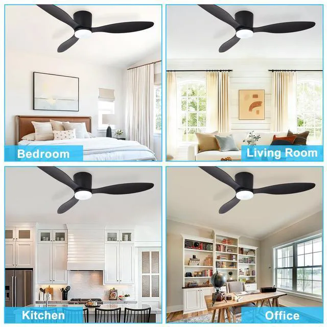 Alt view image 4 of 7 - Flush Mount Ceiling Fan: 52-Inch Black Ceiling Fans with Lights for Bedroom Indoor Outdoor - Low Profile Ceiling Fans with Remote Control 24W 3CCT Dimmable 3 Reversible Black Blades 6 Speeds