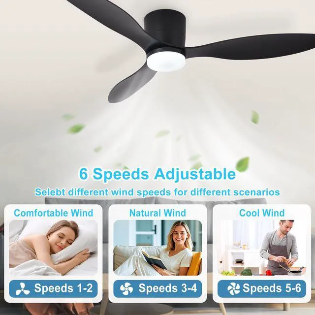 Alt view image 5 of 7 - Flush Mount Ceiling Fan: 52-Inch Black Ceiling Fans with Lights for Bedroom Indoor Outdoor - Low Profile Ceiling Fans with Remote Control 24W 3CCT Dimmable 3 Reversible Black Blades 6 Speeds