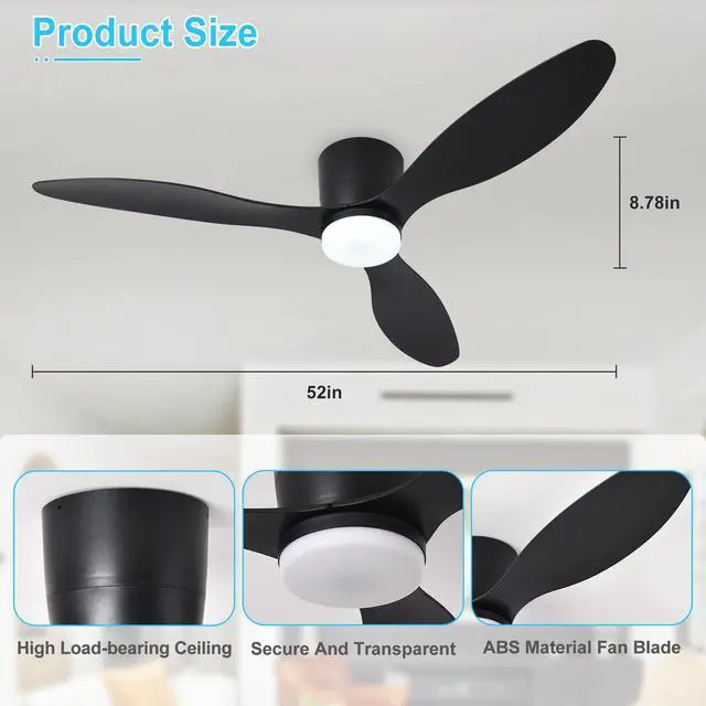 Alt view image 6 of 7 - Flush Mount Ceiling Fan: 52-Inch Black Ceiling Fans with Lights for Bedroom Indoor Outdoor - Low Profile Ceiling Fans with Remote Control 24W 3CCT Dimmable 3 Reversible Black Blades 6 Speeds