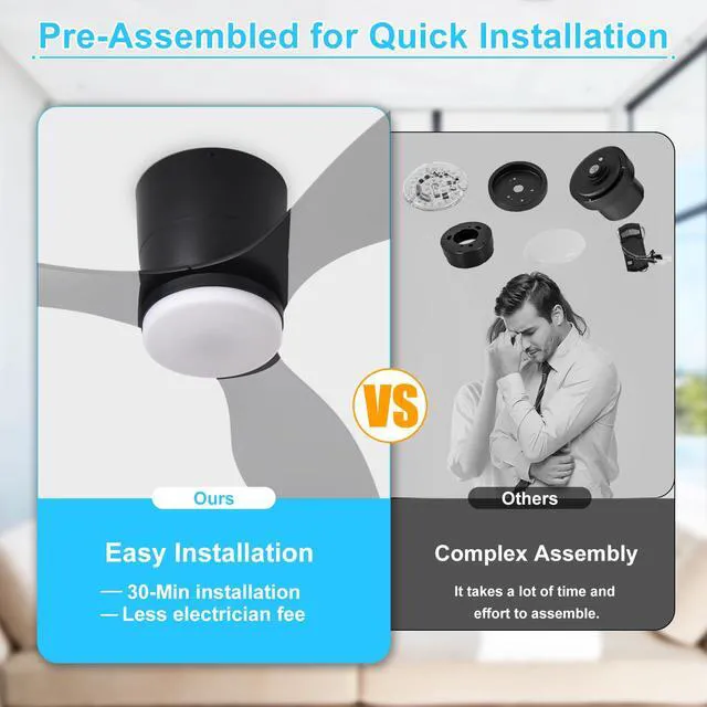 Alt view image 7 of 7 - Flush Mount Ceiling Fan: 52-Inch Black Ceiling Fans with Lights for Bedroom Indoor Outdoor - Low Profile Ceiling Fans with Remote Control 24W 3CCT Dimmable 3 Reversible Black Blades 6 Speeds