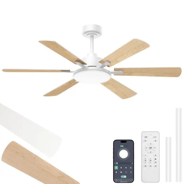 Main image of 52'' Downrod Mount Ceiling Fans with Lights for Living Room, White 6 Blades, 6 Speeds, MAX 5600 CFM, Remote&APP Control, 3CCT Dimmable LED, All Metal Body, Memory Function, Reversible DC Motor