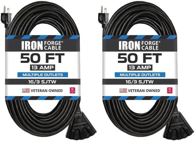 Main image of 16 Gauge Black Extension Cord Multi Outlet, 50 Ft - SJTW 16/3 SJTW Cable, 2 Pack, 3 Grounded Outlets, Lighted End, 3 Prong Plug, 13 Amp - For Landscaping, Holiday Lights, Appliances