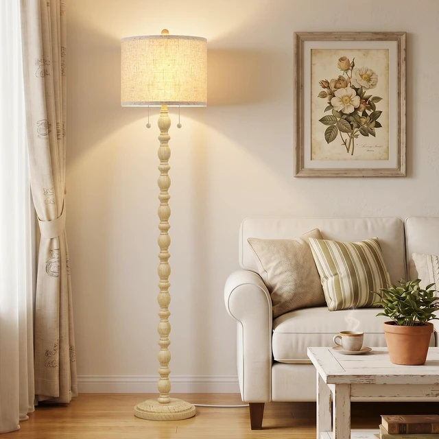 Alt view image 6 of 7 - Farmhouse Floor Lamps for Living Room, Standing Lamp with Bulb Resin, 62" Tall Lamp with Shade and 2 Pull Chain Switches, Vintage Floor Lamps for Bedroom, Corner, Home Decor