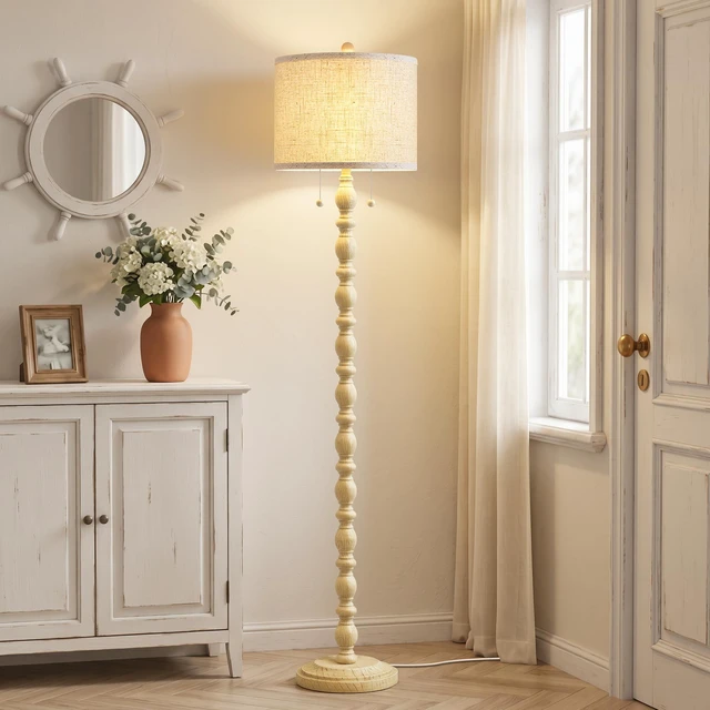 Alt view image 7 of 7 - Farmhouse Floor Lamps for Living Room, Standing Lamp with Bulb Resin, 62" Tall Lamp with Shade and 2 Pull Chain Switches, Vintage Floor Lamps for Bedroom, Corner, Home Decor