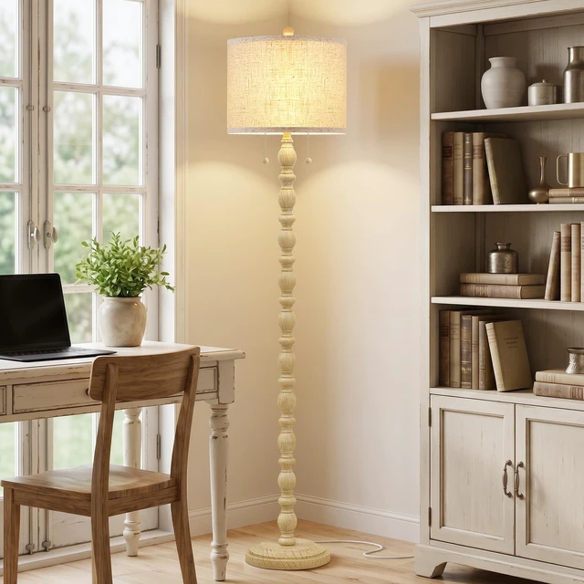 Alt view image 4 of 7 - Farmhouse Floor Lamps for Living Room, Standing Lamp with Bulb Resin, 62" Tall Lamp with Shade and 2 Pull Chain Switches, Vintage Floor Lamps for Bedroom, Corner, Home Decor