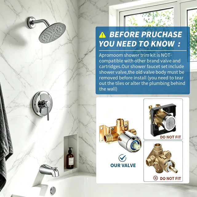 Alt view image 2 of 7 - Tub Shower Faucet Set Valve Included with 6-Inch Rain Shower Head and Tub Spout Single-Handle Tub and Shower Trim Kit Chrome for Bathroom Remodels Regaderas Para Baño Con Tina Modernas