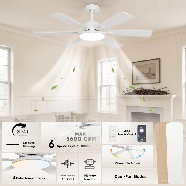 Alt view image 2 of 7 - 52'' Downrod Mount Ceiling Fans with Lights for Living Room, White 6 Blades, 6 Speeds, MAX 5600 CFM, Remote&APP Control, 3CCT Dimmable LED, All Metal Body, Memory Function, Reversible DC Motor
