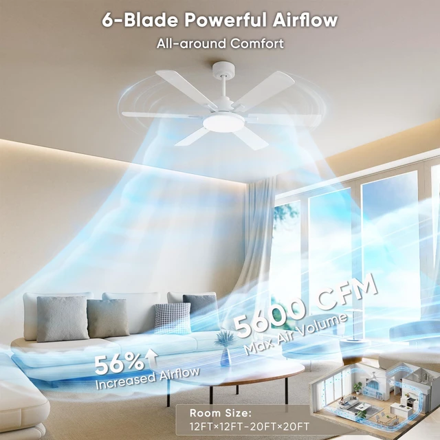 Alt view image 3 of 7 - 52'' Downrod Mount Ceiling Fans with Lights for Living Room, White 6 Blades, 6 Speeds, MAX 5600 CFM, Remote&APP Control, 3CCT Dimmable LED, All Metal Body, Memory Function, Reversible DC Motor