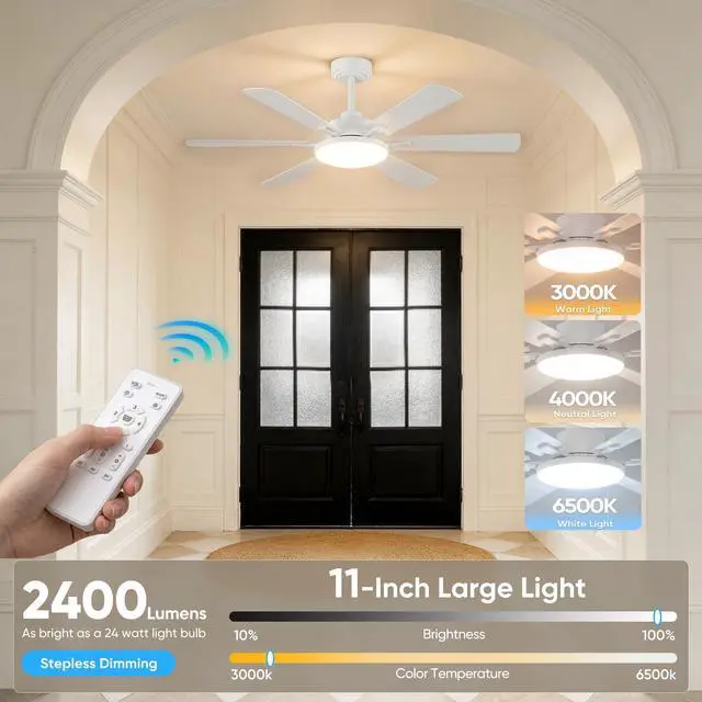 Alt view image 4 of 7 - 52'' Downrod Mount Ceiling Fans with Lights for Living Room, White 6 Blades, 6 Speeds, MAX 5600 CFM, Remote&APP Control, 3CCT Dimmable LED, All Metal Body, Memory Function, Reversible DC Motor