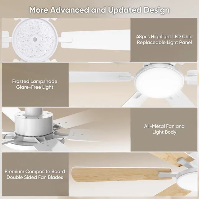 Alt view image 6 of 7 - 52'' Downrod Mount Ceiling Fans with Lights for Living Room, White 6 Blades, 6 Speeds, MAX 5600 CFM, Remote&APP Control, 3CCT Dimmable LED, All Metal Body, Memory Function, Reversible DC Motor