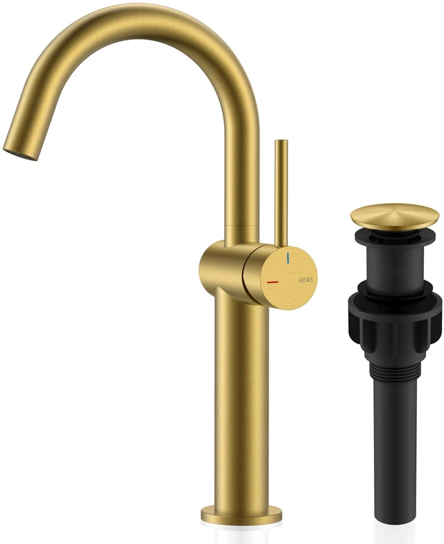 Main image of Brushed Gold Tall Bathroom Faucet, Single Handle Vessel Sink Faucet Vessel Bowl Faucet with Pop Up Drain & Supply Lines, Lead-Free cUPC & NSF Certified, 1 Hole Faucet for Vanity RV Restroom