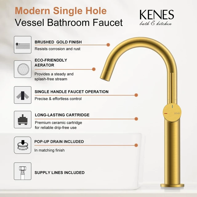 Alt view image 3 of 7 - Brushed Gold Tall Bathroom Faucet, Single Handle Vessel Sink Faucet Vessel Bowl Faucet with Pop Up Drain & Supply Lines, Lead-Free cUPC & NSF Certified, 1 Hole Faucet for Vanity RV Restroom