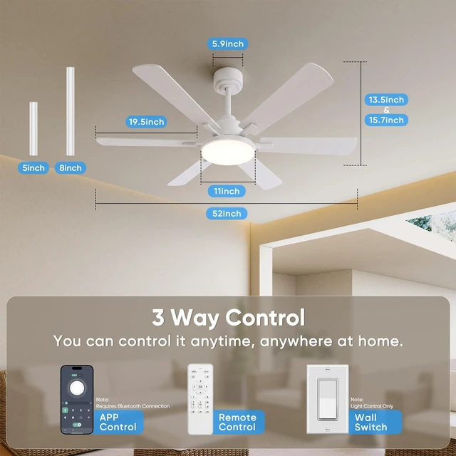 Alt view image 7 of 7 - 52'' Downrod Mount Ceiling Fans with Lights for Living Room, White 6 Blades, 6 Speeds, MAX 5600 CFM, Remote&APP Control, 3CCT Dimmable LED, All Metal Body, Memory Function, Reversible DC Motor