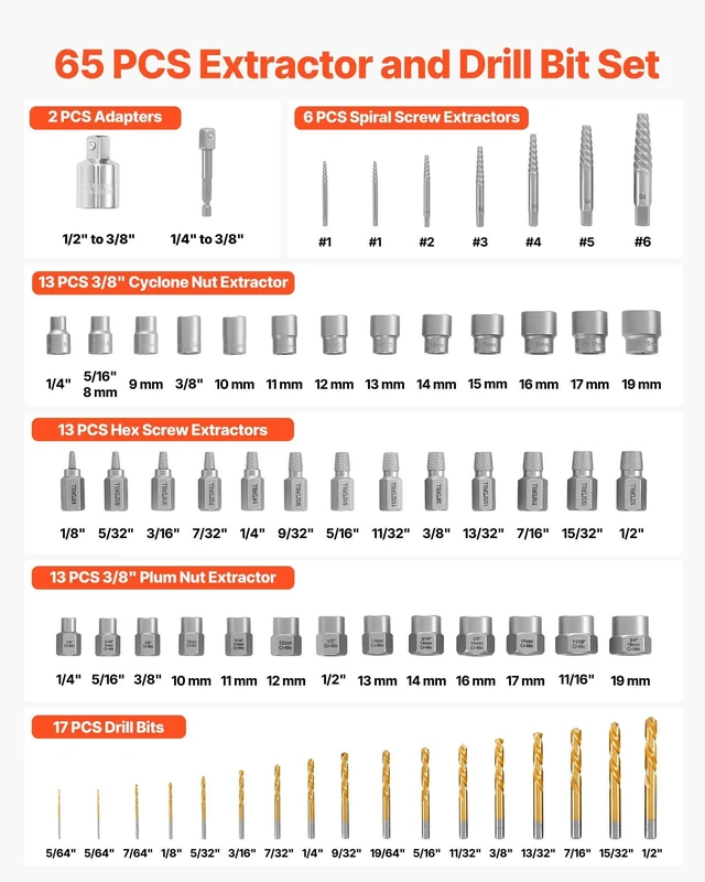 Alt view image 2 of 7 - Bolt Extractor Kit, 65 Pieces Easy Out Screw Extractor Set, Lug Nut Removal Tool with Left Hand Drill Bit Set for Removing Damaged, Frozen, Broken, Rusted, Rounded-Off Bolts, Nuts & Screws