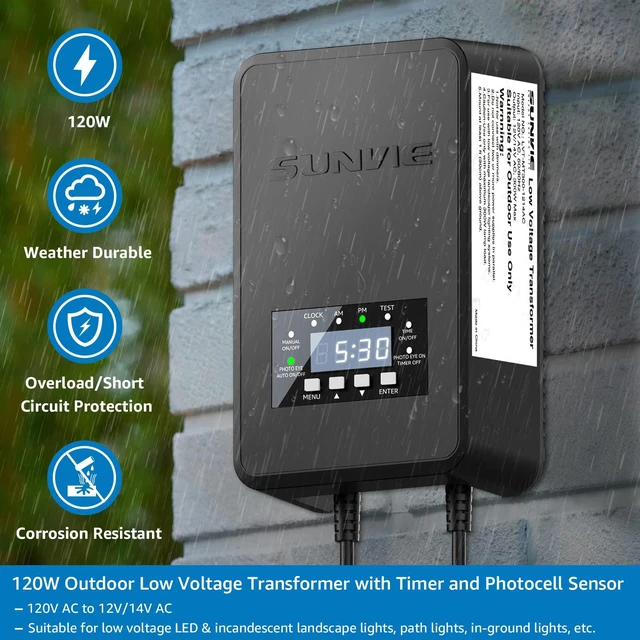 Alt view image 5 of 7 - 120W Low Voltage Transformer Outdoor Landscape Lighting Transformer with Timer and Photocell Sensor Waterproof 120V to 12V/14V AC Low Voltage Landscape Transformer for Spotlight Pathway Lights