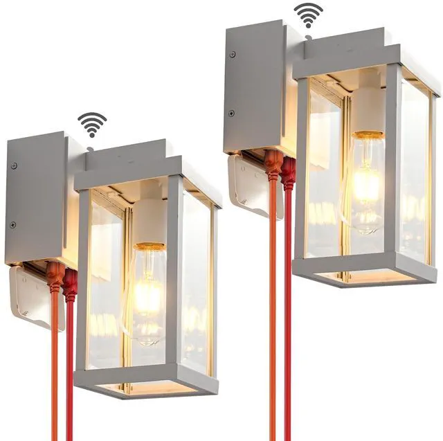 Main image of Porch Lights with GFCI Outlets Dusk to Dawn Outdoor Wall Lights Waterproof Exterior Lighting Fixtures Modern Outside Lights Wall Mount for House Patio Garage,White,11.8''H, 2 PC