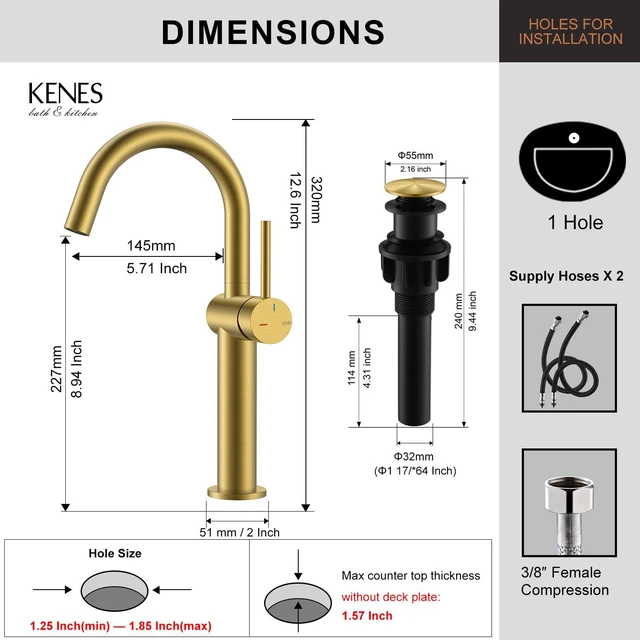 Alt view image 6 of 7 - Brushed Gold Tall Bathroom Faucet, Single Handle Vessel Sink Faucet Vessel Bowl Faucet with Pop Up Drain & Supply Lines, Lead-Free cUPC & NSF Certified, 1 Hole Faucet for Vanity RV Restroom