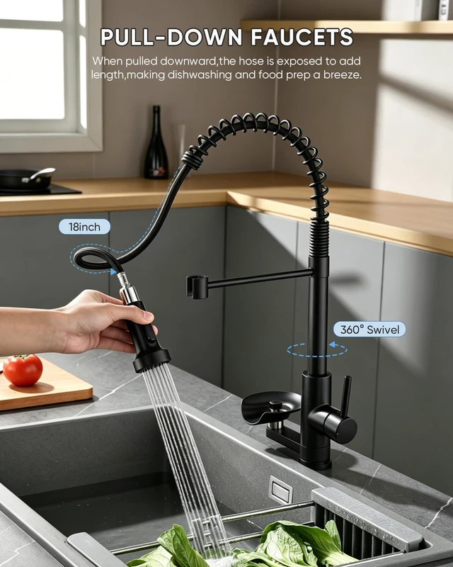Alt view image 2 of 7 - Pull Down Kitchen Faucet with Cup Washer Black Kitchen Sink Faucet with Deck Plate,Glass Rinser,Single Handle,Single Hole,Lead-Free Stainless Steel