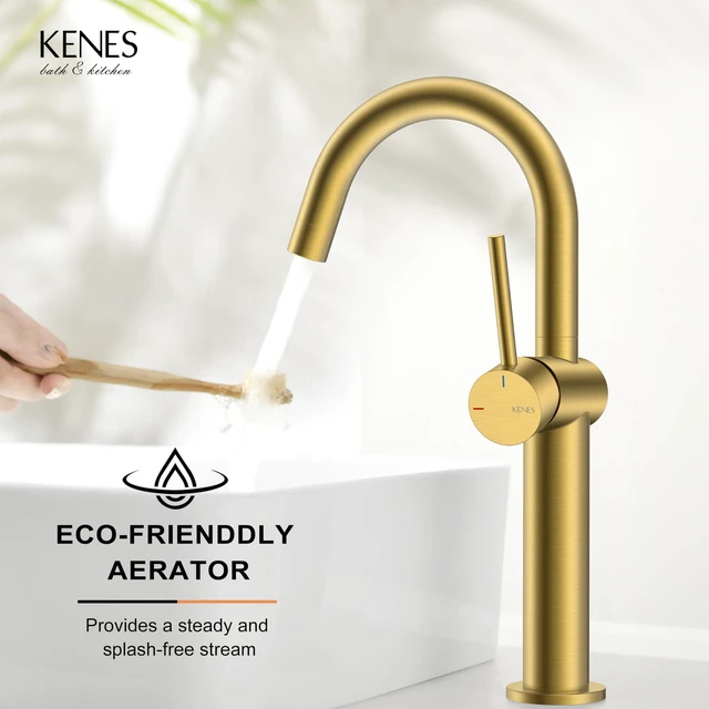 Alt view image 5 of 7 - Brushed Gold Tall Bathroom Faucet, Single Handle Vessel Sink Faucet Vessel Bowl Faucet with Pop Up Drain & Supply Lines, Lead-Free cUPC & NSF Certified, 1 Hole Faucet for Vanity RV Restroom