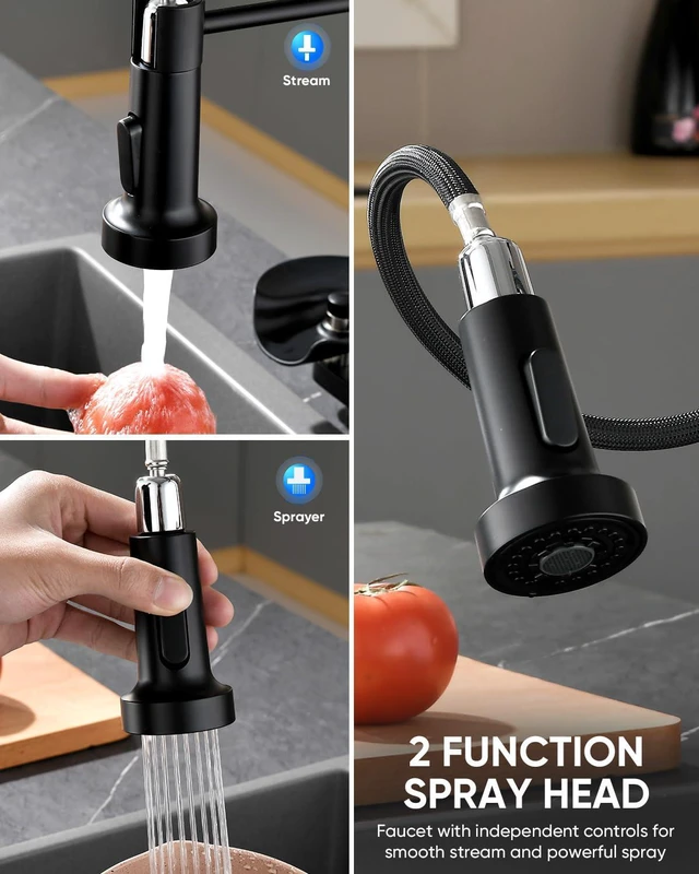 Alt view image 3 of 7 - Pull Down Kitchen Faucet with Cup Washer Black Kitchen Sink Faucet with Deck Plate,Glass Rinser,Single Handle,Single Hole,Lead-Free Stainless Steel