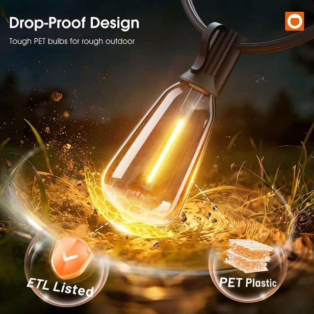 Alt view image 4 of 7 - 200FT(50*4) Outdoor String Lights with Remote LED Edison Waterproof 108 Plastic ST38 Shatterproof Bulb, Extra Long Lighting, Hanging for Patio Outside Backyard Pergola Bistro Porch Garden Party