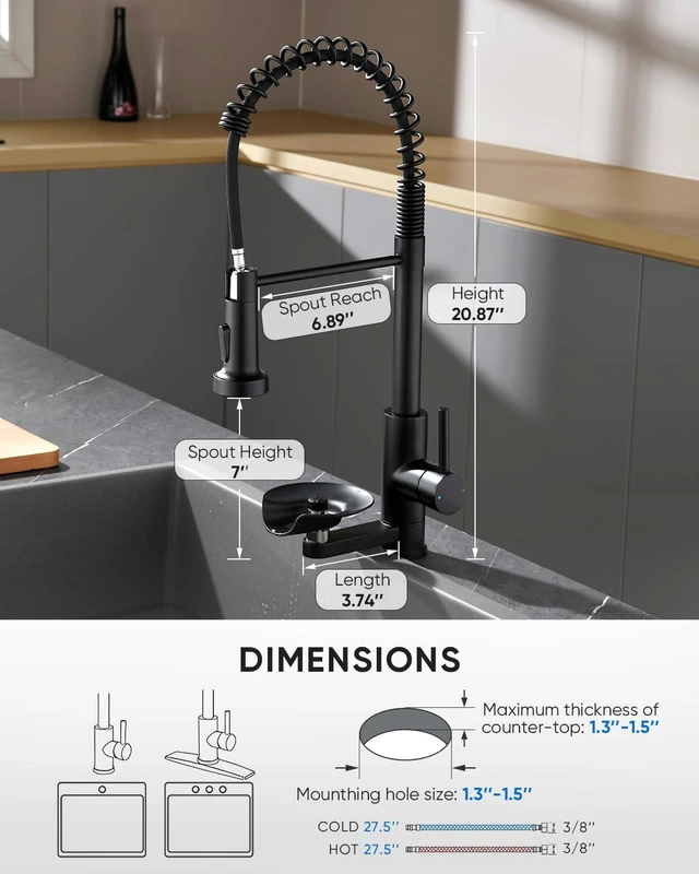 Alt view image 4 of 7 - Pull Down Kitchen Faucet with Cup Washer Black Kitchen Sink Faucet with Deck Plate,Glass Rinser,Single Handle,Single Hole,Lead-Free Stainless Steel