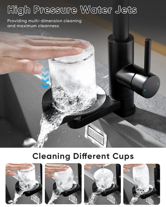 Alt view image 5 of 7 - Pull Down Kitchen Faucet with Cup Washer Black Kitchen Sink Faucet with Deck Plate,Glass Rinser,Single Handle,Single Hole,Lead-Free Stainless Steel