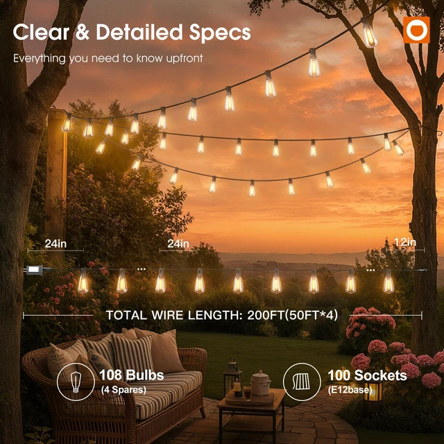 Alt view image 5 of 7 - 200FT(50*4) Outdoor String Lights with Remote LED Edison Waterproof 108 Plastic ST38 Shatterproof Bulb, Extra Long Lighting, Hanging for Patio Outside Backyard Pergola Bistro Porch Garden Party