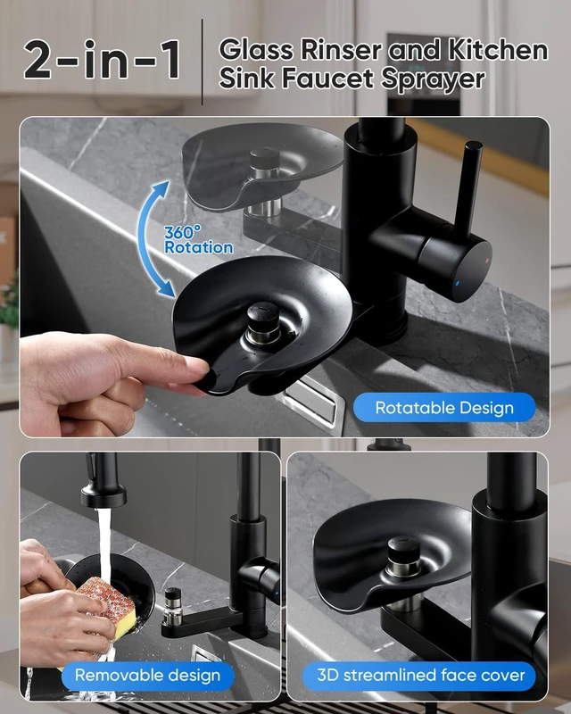 Alt view image 6 of 7 - Pull Down Kitchen Faucet with Cup Washer Black Kitchen Sink Faucet with Deck Plate,Glass Rinser,Single Handle,Single Hole,Lead-Free Stainless Steel