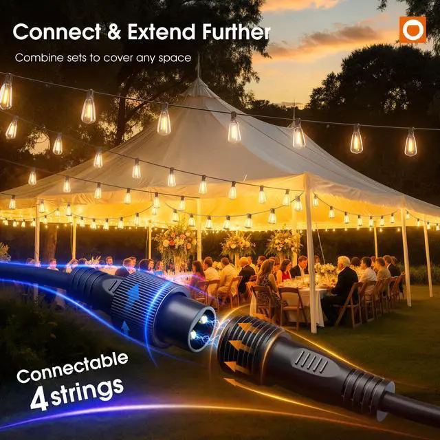 Alt view image 7 of 7 - 200FT(50*4) Outdoor String Lights with Remote LED Edison Waterproof 108 Plastic ST38 Shatterproof Bulb, Extra Long Lighting, Hanging for Patio Outside Backyard Pergola Bistro Porch Garden Party