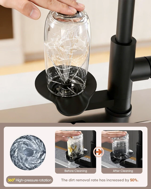 Alt view image 7 of 7 - Pull Down Kitchen Faucet with Cup Washer Black Kitchen Sink Faucet with Deck Plate,Glass Rinser,Single Handle,Single Hole,Lead-Free Stainless Steel