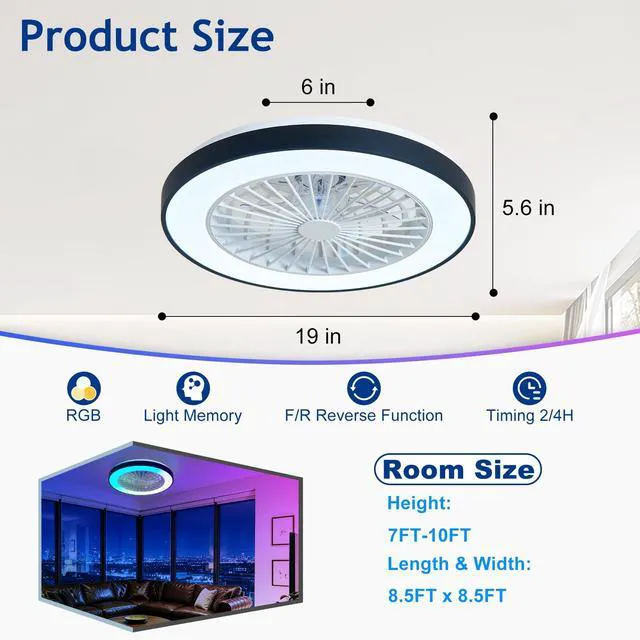 Alt view image 2 of 7 - RGB Ceiling Fan with Light: 19" Enclosed Low Profile Flush Mount LED Ceiling Fans with Remote Control - Modern Black Bladeless Fandelier Dimmable Quiet DC Motor for Bedroom KTV Room