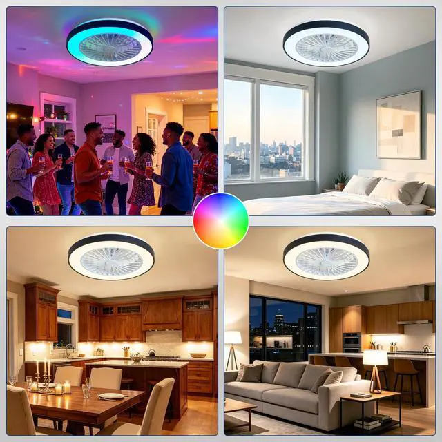 Alt view image 3 of 7 - RGB Ceiling Fan with Light: 19" Enclosed Low Profile Flush Mount LED Ceiling Fans with Remote Control - Modern Black Bladeless Fandelier Dimmable Quiet DC Motor for Bedroom KTV Room