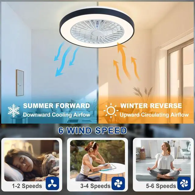 Alt view image 6 of 7 - RGB Ceiling Fan with Light: 19" Enclosed Low Profile Flush Mount LED Ceiling Fans with Remote Control - Modern Black Bladeless Fandelier Dimmable Quiet DC Motor for Bedroom KTV Room