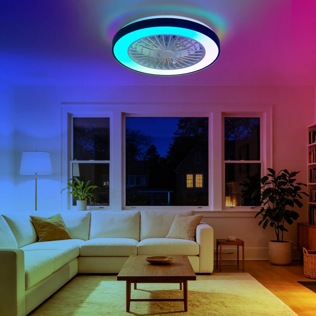 Alt view image 7 of 7 - RGB Ceiling Fan with Light: 19" Enclosed Low Profile Flush Mount LED Ceiling Fans with Remote Control - Modern Black Bladeless Fandelier Dimmable Quiet DC Motor for Bedroom KTV Room