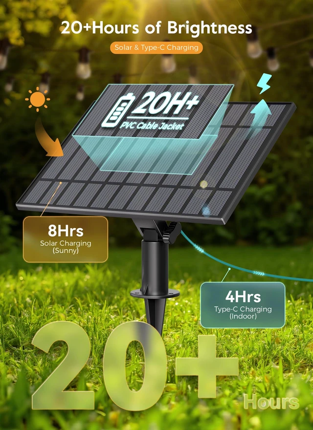 Alt view image 2 of 7 - 163FT Solar String Lights Outdoor Waterproof,S14 Patio Lights 52 LED Shatterproof Bulb, Remote Type-C Port Timable, 3 Light Modes Dimmable Solar String Lights for Outside, Yard, Camping