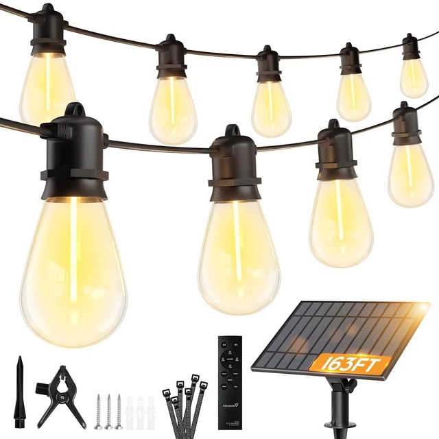 Main image of 163FT Solar String Lights Outdoor Waterproof,S14 Patio Lights 52 LED Shatterproof Bulb, Remote Type-C Port Timable, 3 Light Modes Dimmable Solar String Lights for Outside, Yard, Camping