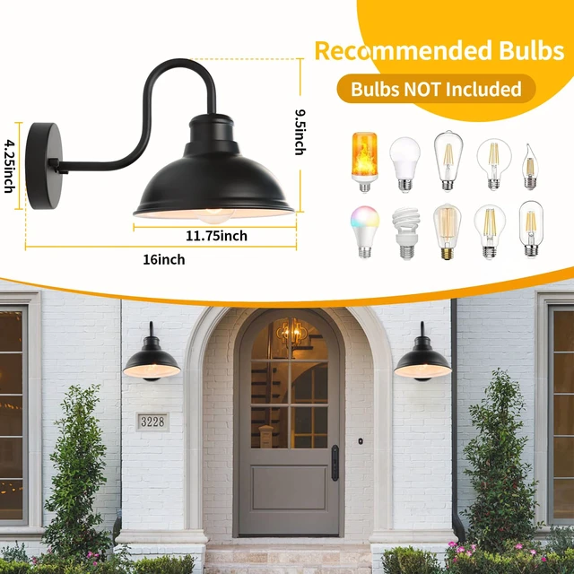 Alt view image 7 of 7 - 12" Barn Light Outdoor Wall Lights 2 Pack Large Exterior Lighting Fixtures Anti-Rust Waterproof Black Classic Farmhouse Industrial Wall-Mounted Barn Light Fixture for Garage/Porch/Patio ETL Listed