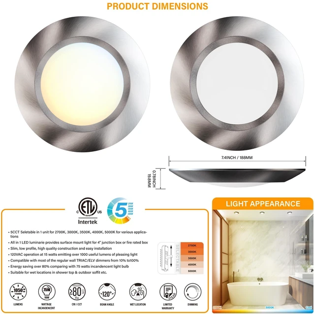 Alt view image 2 of 6 - 8 Packs 6 Inch LED Low Profile Screw in & Surface Mount Disk Light, Brushed Nickel, 5CCT Field Selectable, Round, 15W, 1000 Lumens, CRI80, Driverless, Dimmable, ETL & Wet Listed
