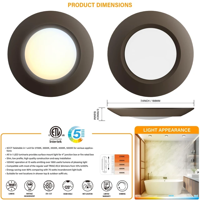 Alt view image 2 of 6 - 8 Packs 6 Inch LED Low Profile Screw in & Surface Mount Disk Light, Oil Rubbed Bronze, 5CCT Field Selectable, Round, 15W, 1000 Lumens, CRI80, Driverless, Dimmable, ETL & Wet Listed
